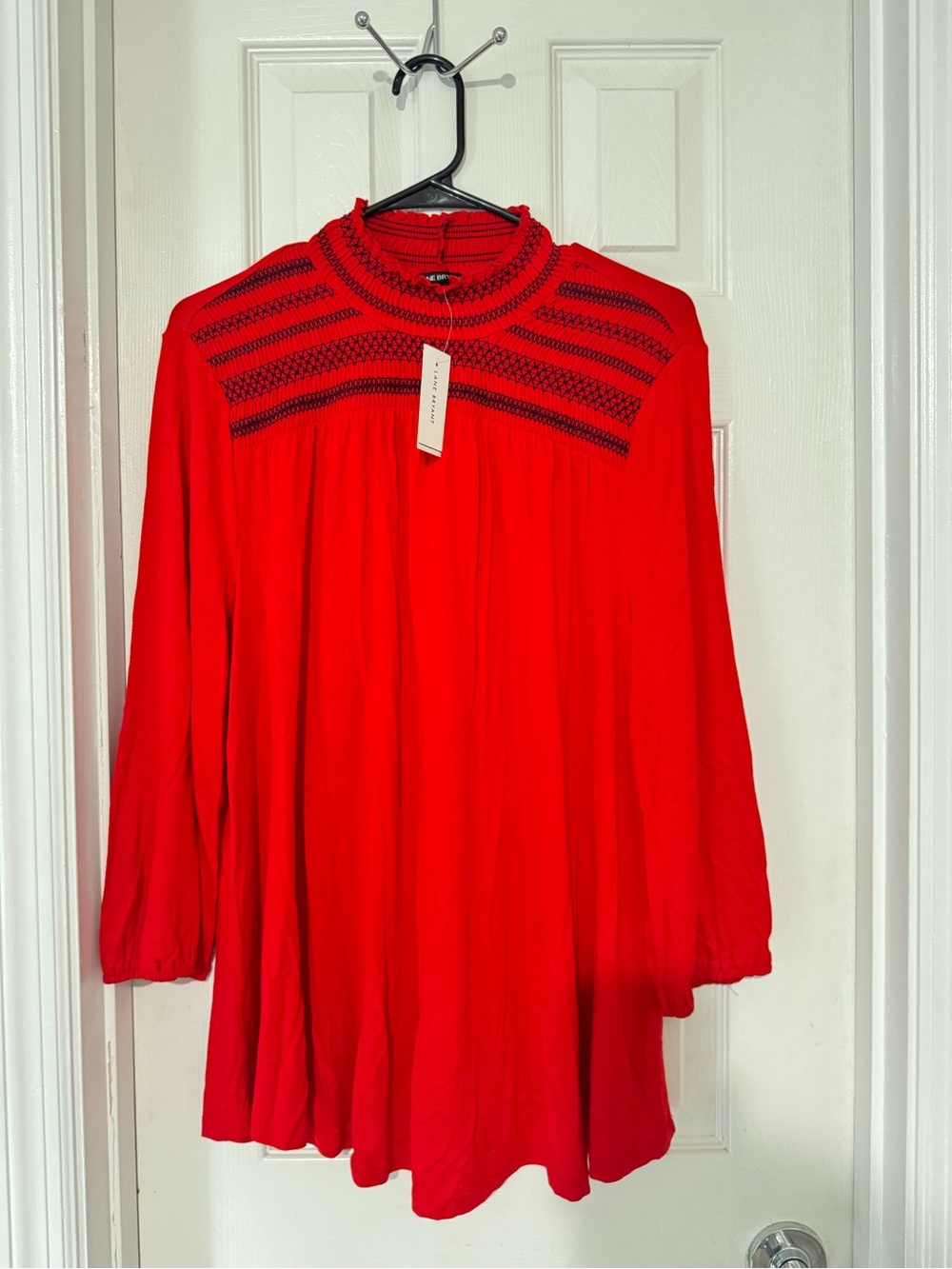 Lane Bryant Red Long-Sleeve Smocked Yoke Tunic